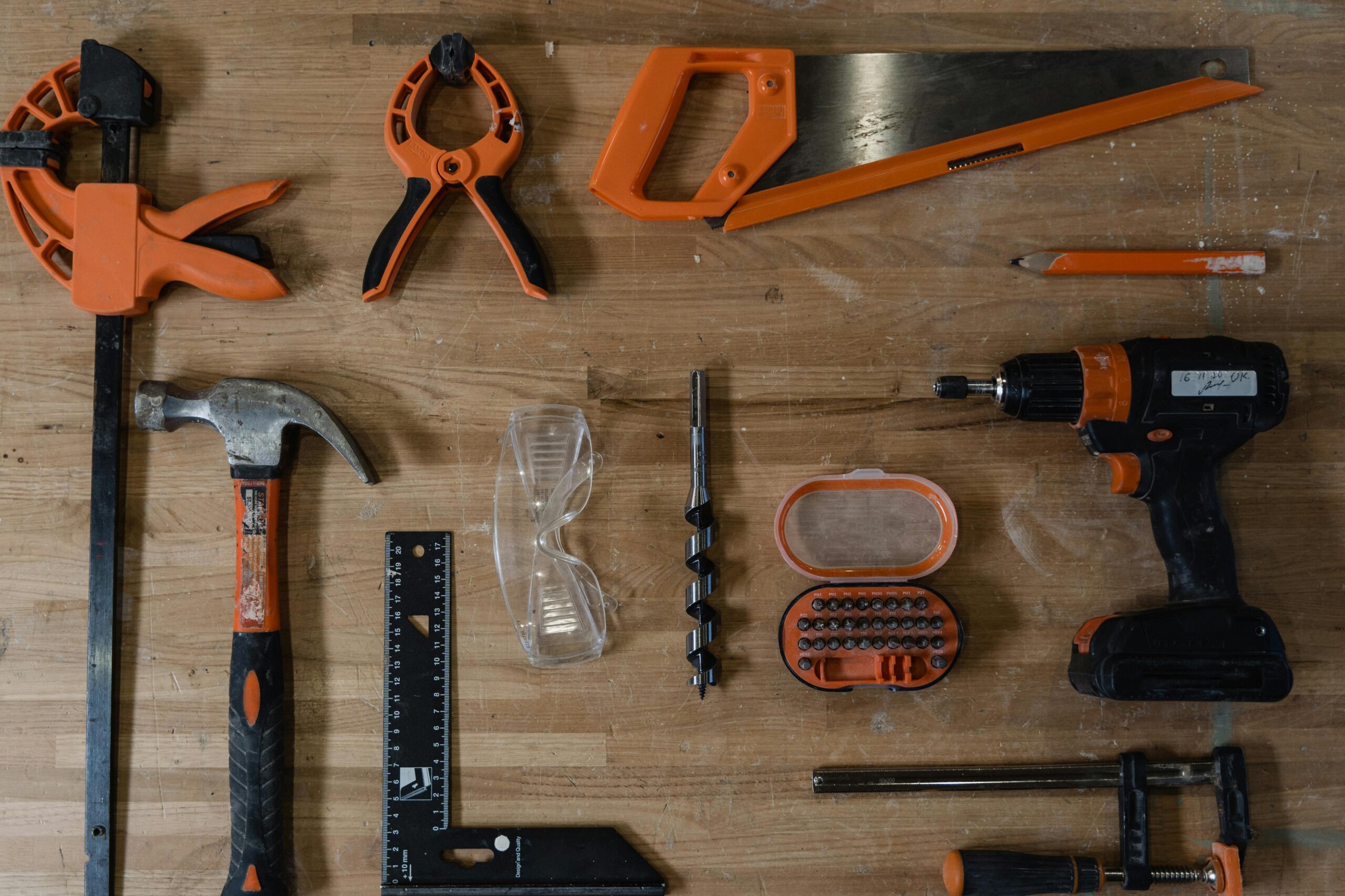 carpenter tools on a wooden table