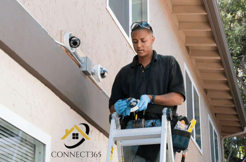 man standing on ladder installing camera on side of house