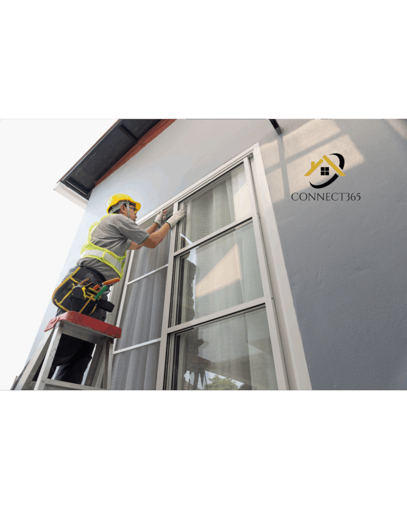 man on ladder repairing window on gray house